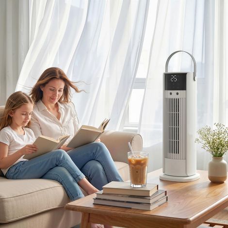 Ventilateur table colonne brumisateur éclairage RGB bureau 3 vitesses oscillation 90°, blanc