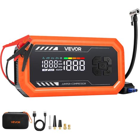 Booster Batterie Voiture avec Compresseur 3000 A Démarreur Batterie pour Moteurs Essence 9,0 L Diesel 6,5 L, Gonfleur de Pneus, 1,03 MPa, Arrêt Automatique, 10000 mAh, Portable avec Lampe LED (1/5)