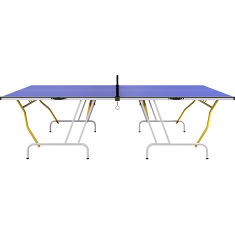 Table de ping-pong pliante, comprenant 2 raquettes, 3 balles et un filet. Usage intérieur. Cadre en métal. Dimensions : 274 x 152 x 76 cm. Couleur : bleue.
