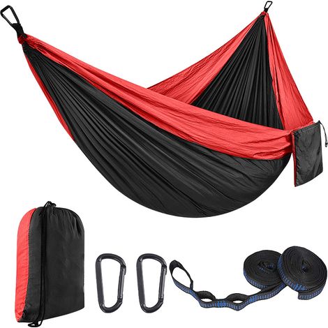 Filiyano-Hamac portable d'extérieur pour le camping, tapis de balançoire en nylon 210D pour jardin (rouge et noir/270 x 140 cm) (1/5)