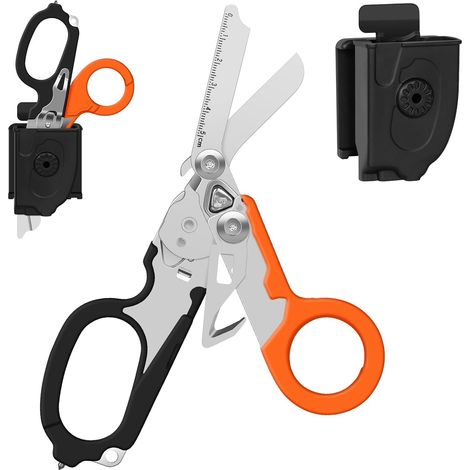 Ciseaux de traumatologie, Ciseaux d'urgence, Pinces à ciseaux pliables en acier inoxydable(Orange-noir) (1/5)