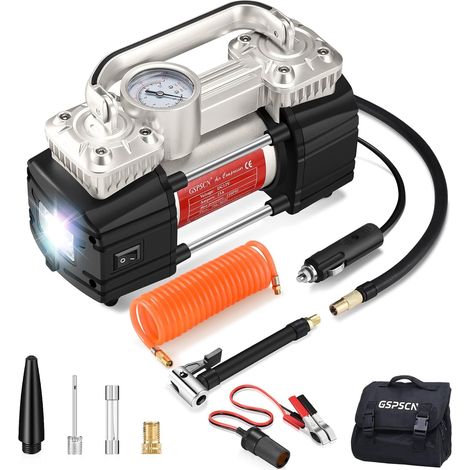 Argent Compresseur d'air portatif Pompe Voiture, Gonflage pneus Voiture portable à double cylindre 12V robuste 150PSI Gonfleur de pneu Heavy Duty Electrique Voiture, SUV, camping-car, balles (1/5)