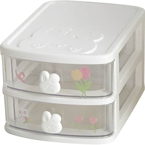 Boîte de rangement blanche empilable à 2 tiroirs avec poignée lapin, organisateur en plastique pour salle de bain, dortoir, bureau (1/5)