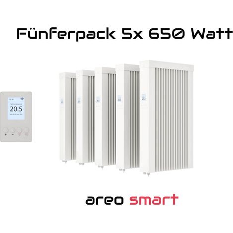 Elektroheizung Fünferpack 5x 650 Watt Flächenspeicherheizung areo smart - digitales Thermostat mit LCD-Display - Option zur Appsteuerung von eVARMO (1/5)