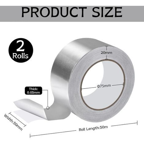 2 Rouleaux de Ruban Aluminium 50 mm x 50 m Ruban Adhésif Alu Autocollant Argenté Résistant à la Chaleur pour Scellement, Isolation & Réparation