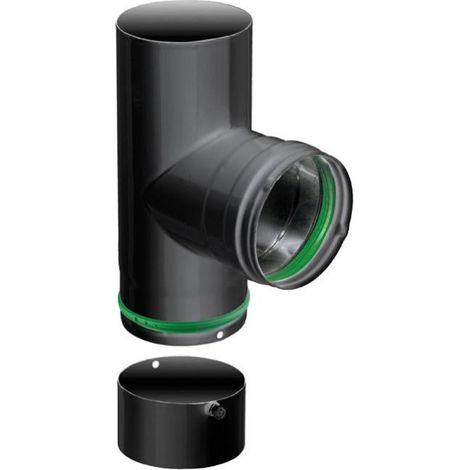 Coude T 90° avec tampon – Émail 0.7MM noir – Ø80 – Raccord pour poêles à granulés – Avis Technique DTA N°14/16-2221 – Isotip Joncoux (1/3)