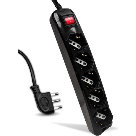 Multipresa con 5 Prese 10/16A 2P+T Bipasso/Schuko 45° e Interruttore Generale Luminoso e Cavo 1,5m Spina 16A 2P+T Colore Nero (1/5)