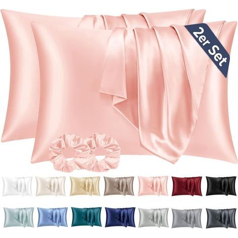Lot de 2 taies d'oreiller en satin 50x70 pour cheveux, similaire à une taie d'oreiller en soie, taie d'oreiller rose50x70 et 2 bandeaux en satin (1/5)