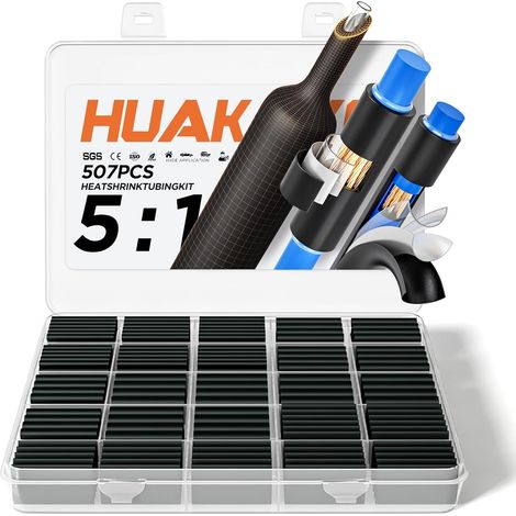Gaine Thermorétractable Double Paroi Ratio 5:1, 507 Pièces Gaines à Colle Intégrée Étanchéité Marine, Isolation Électrique pour Câbles Fils Automobile Bateau DIY, 7 Tailles 2.4mm à 19.1mm (Noir) (1/5)