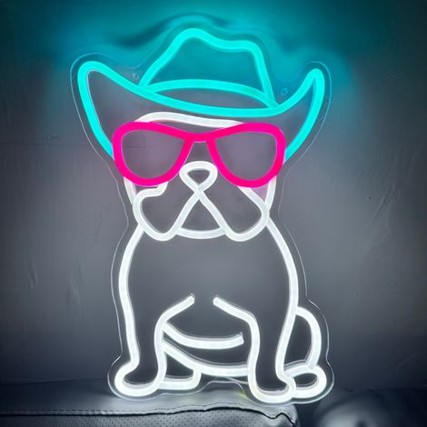 Enseigne néon bouledogue cowboy français portant des lunettes LED pour décoration murale (1/4)