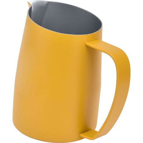 Mug à lait jaune 450ml, revêtement antiadhésif Téflon, bec verseur biseauté, paroi épaissie, motif cygne, idéal pour latte art et mousse de lait. (1/5)