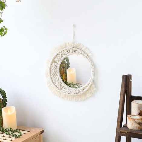 Hanging Wall Mirror with Macrame Fringe Round Boho Mirror Art Decor for Apartment Living Room Bedroom Baby Nursery Dorm (1/5)