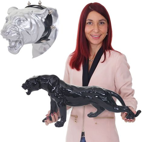 Figure de décoration léopard, polyresin, sculpture 59cm, intérieur/plein air - noir poli fin avec collier (1/5)