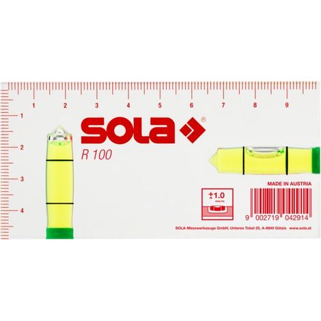 Nivel de burbuja, Sola, R 100 Green Acrílico, ideal para trabajos de medición y nivelación precisos, con burbuja verde y estructura robusta de alta durabilidad