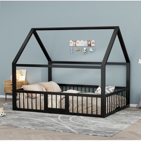 Lit enfant maison toit 140x200 métal noir sécurisé HAVRYA (1/5)