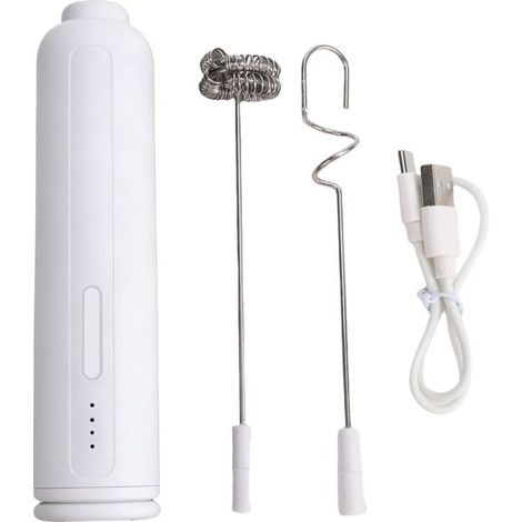 Mousseur à lait rechargeable, mixeur électrique portable à 3 vitesses avec fouets en acier inoxydable, mousseur à lait portable pour cappuccino, latte, matcha et chocolat chaud (blanc) (1/5)