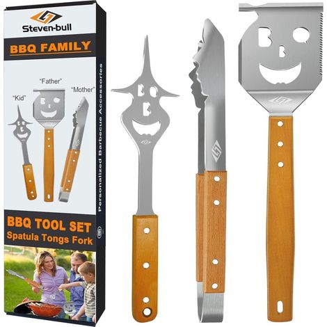 Grillbesteck 3TLG extra lang Edelstahl Holzgriff Grillzange 1 (1/5)
