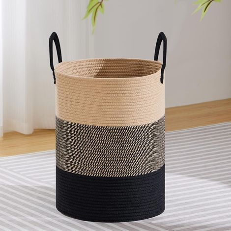 Cesto portabiancheria e contenitore alto 58 litri in corda di cotone intrecciata (marrone e nero). (1/5)