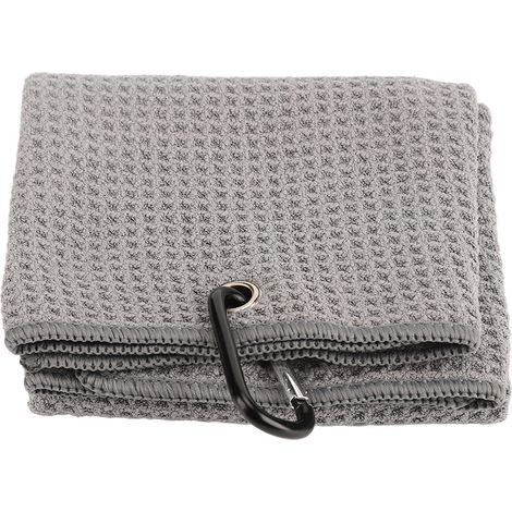 Mikrofaser-Golfhandtuch mit Waffelmuster, ideal für Sport und zur Schweißabsorption. Inklusive Karabinerhaken. Grau. (1/5)