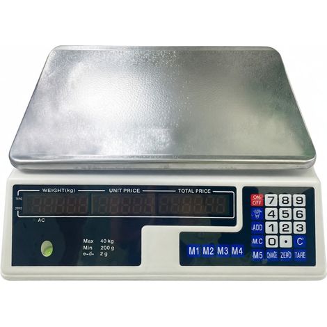 Balanza electrónica comercial de 40 kg, precisa, pantalla LCD retroiluminada, doble pantalla, memoria para 8 precios, funciona con pilas. (1/5)