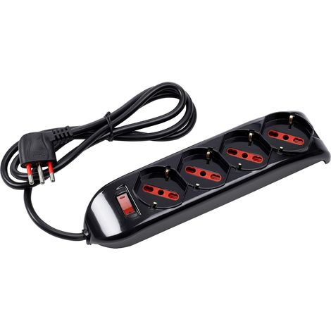 Multipresa con spina 10A piegata a 90°, 4 prese bipasso/schuko 10A/16A, cavo 1,5 metri, con interruttore, nero, serie Emilia - Rosi RS94073T (1/3)