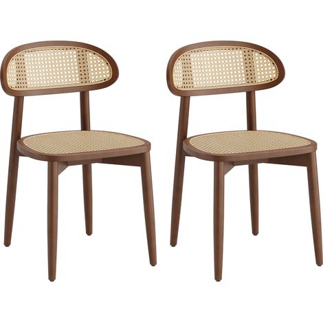 COLAMY Lot de 2 chaises de salle à manger en rotin naturel tressé, dossier incurvé ergonomique, structure en bois massif, style vintage moderne, coloris bois noyer