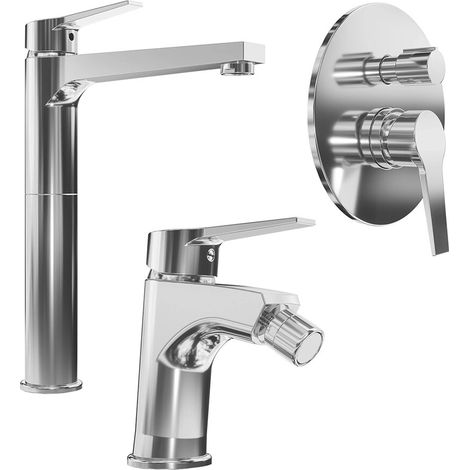 Set miscelatore lavabo alto e bidet senza scarico ed incasso doccia con deviatore in ottone cromato Sophia (1/4)