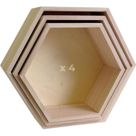 4 blocs de 3 étagères hexagone en bois 24-30 cm