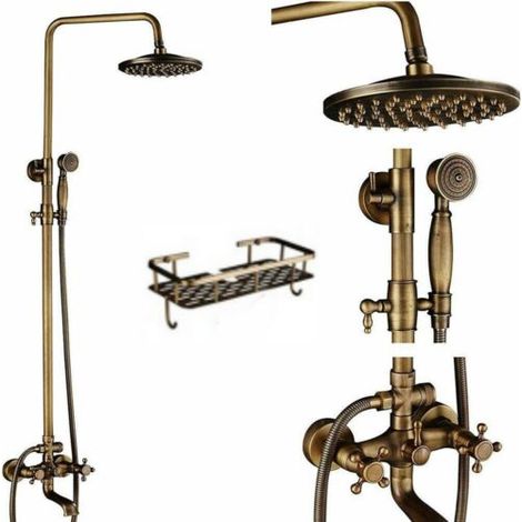 Zamery – Colonne de douche murale en laiton rétro – Système réglable avec mitigeur et pommeau effet pluie 8' – Étagère intégrée pour salle de bain (1/5)