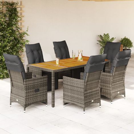 7-tlg. Garten-Bistro-Set mit Kissen Grau Poly Rattan (1/5)