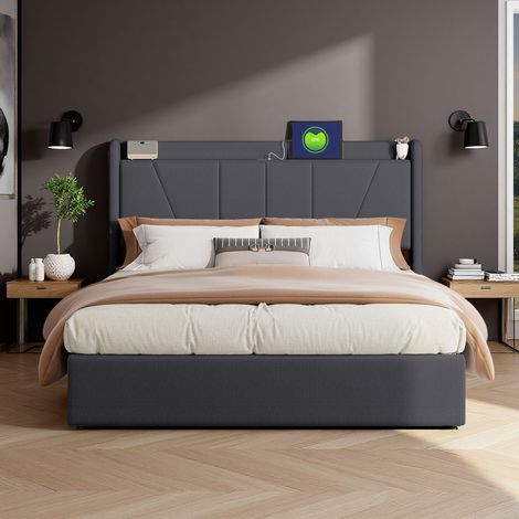 Letto 140x200 cm - tessuto in lino - USB - rete a doghe - letto matrimoniale 140x200 cm - Grigio (1/5)