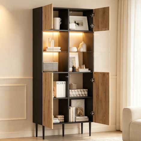 Vitrine haute 80 x 35 x 180 cm avec LED, 10 compartiments, noir et naturel DESVIAE (1/5)