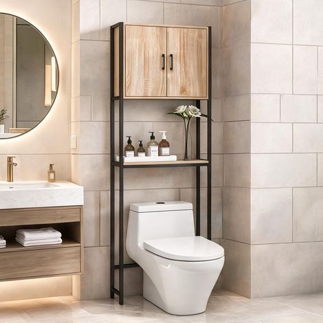 Meuble colonne WC noir et chêne en panneaux de particules (1/5)