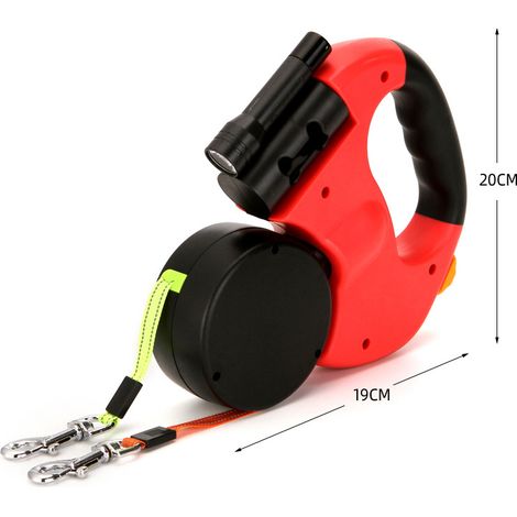 Laisse double rétractable pour chien 1 pièce avec deux cordes de 3 m de long, laisse double sans enchevêtrement à 360° pour promener deux chiens, max 50 lb rouge