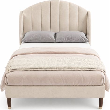 Lit Simple 1 Place, Tête de Lit Rembourrée, 90×200 cm, sans Matelas, en Velours Beige (1/5)
