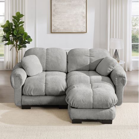 Sofá modular en L (190x149x90 cm), con chaise móvil, cojines gruesos, tapizado en chenilla, gris claro (1/5)