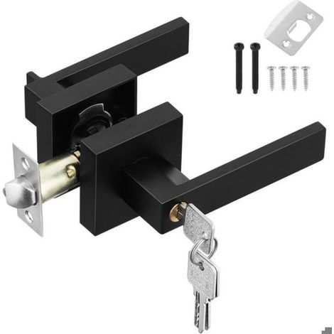 Poignée de porte intérieure noire avec serrure et clé - Poignée de porte d'entrée carrée pour chambre, bureau, gauche ou droite (1/4)