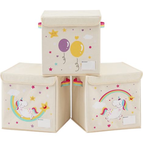 SONGMICS Set di 3 Scatole Portaoggetti per Bambini, Contenitore Porta Giochi per Bambini, 30 x 30 x 30 cm, Cesta Portagiochi Pieghevole con Coperchio, Cameretta, Disegno Unicorno, Beige RFB710W03 (1/5)
