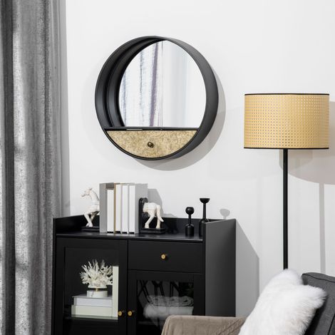 Miroir Rond Ø61cm, Miroir Décoratif avec Tiroir et Cadre en Métal et MDF, Noir (1/5)