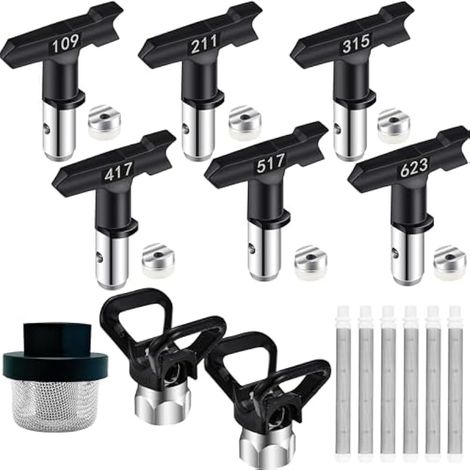 Lot de 15 embouts de pulvérisation de peinture sans air, 6 buses de pulvérisation réversibles, 6 filtres pour pistolet à peinture sans air, 1 filtre d'entrée et 2 protections de buse pour pièces de (1/4)