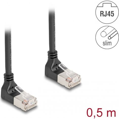 Delock Cable de red RJ45 Cat.6A S/FTP Slim 90Â° acodado hacia arriba / hacia arriba 0,5 m negro
