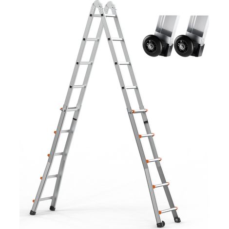 Mophorn 16,7 ft Teleskopleiter mit A-Rahmen, kompakte Ausziehleiter aus Aluminium, multifunktionale zusammenklappbare Wohnmobilleiter für Zuhause, Treppen, drinnen/draußen, 150 kg Tragkraft, silber (1/5)