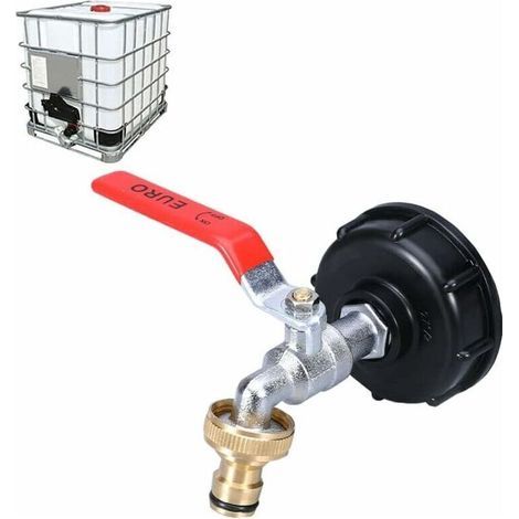 Grifo doble de latón para depósito IBC de 1000 L con adaptador roscado de 60 mm y salida de agua integrada. (1/5)
