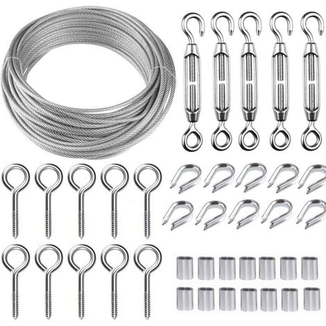 Corde en Acier Inoxydable à Suspendre Kit,30M/2mm Câble en Acier Inoxydable Revêtu avec M5 Tendeurs,Kit Cable Métallique 2mm pour Plantes Grimpante,Corde a linge,Rambarde,Cable de Garde Corps (1/5)