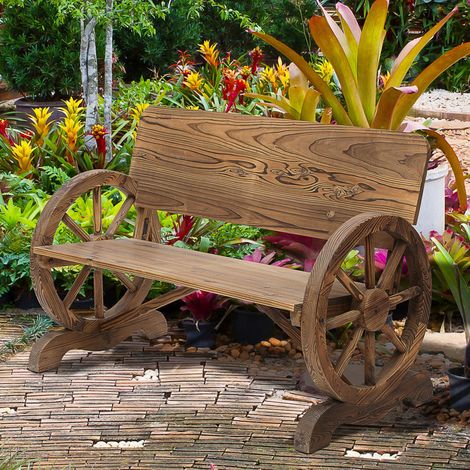 Banc de jardin 2 places en bois massif avec accoudoirs, design inspiré des roues de chariot, mobilier de jardin, charge maximale 250 kg, style rustique, 114 x 58 x 80 cm, marron (1/5)