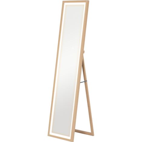 Miroir sur pied 40 x 160 cm avec éclairage LED (3 couleurs), commande tactile, idéal pour chambre ou salon, finition chêne.
