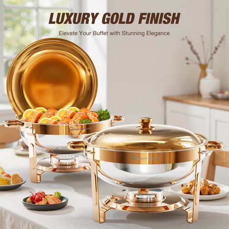 2 Pack 4,7L Rose Gold Chafing Dishes 5QT for Buffet , Stainless Steel Round Chafers and Buffet Warmers Sets with Lid Holder, Stackable Design, for Catering, Parties, Weddings