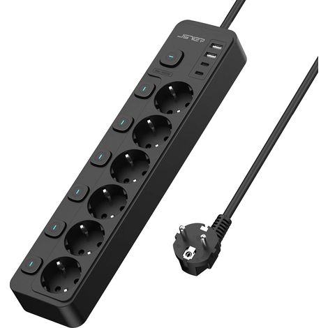 1 Multiprise 6 Prises,2 USB-A,2 USB-C,Interrupteurs Individuels,Câble 2m,Bureau