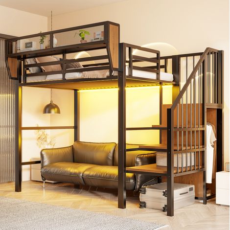 Letto a soppalco in metallo nero 90x200 cm con scala di sicurezza e spazio contenitore flessibile (1/5)
