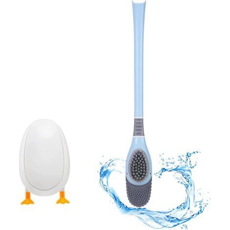 TAISHENGDA-Brosse de Toilette en Canard de Plongée Balais WC Hygienique Salle de Bain Accessoires Balayette Silicone Poils Flexibles Poignée en Plastique Antidérapante avec Support Suspendu Mural, Ble (1/5)